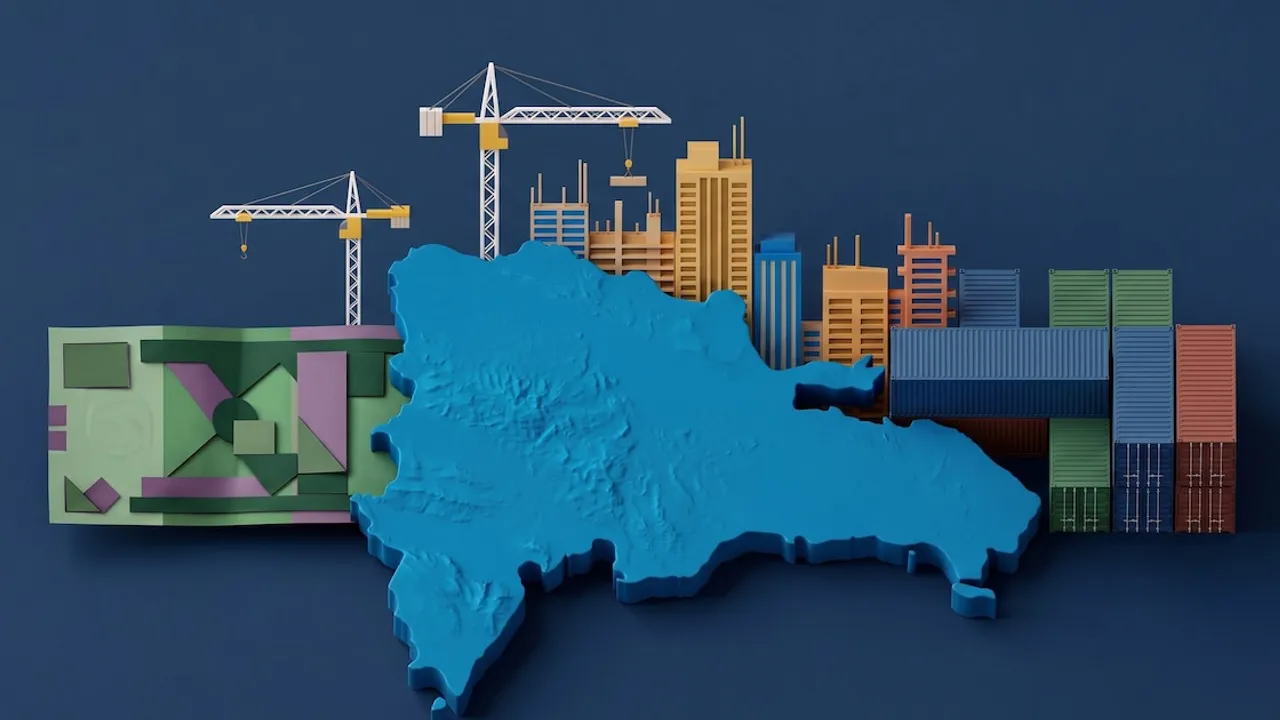 Maqueta tridimensional del mapa de República Dominicana con edificios en construcción, grúas y contenedores.