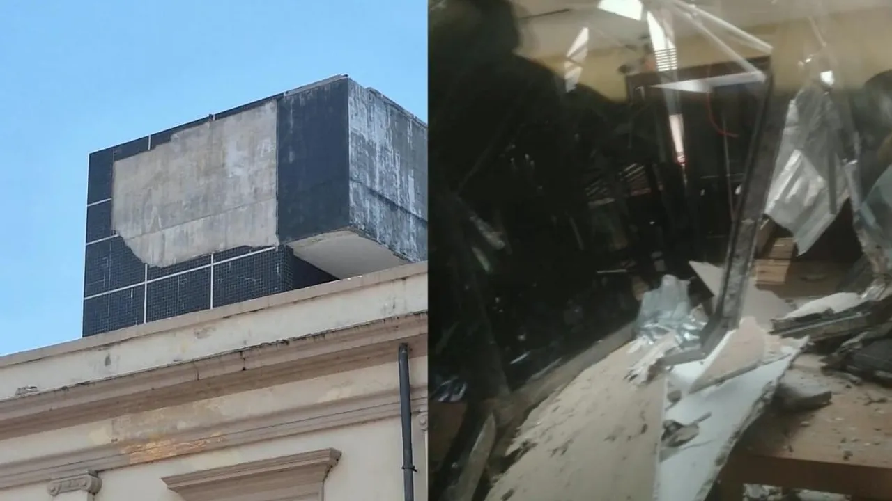Fachada exterior con azulejos caídos y oficina parlamentaria interior con escombros del techo colapsado.