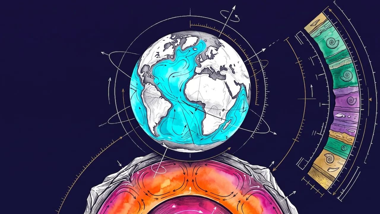 Ilustración científica del planeta Tierra con corrientes marinas, capas del manto terrestre y cortes geológicos con fósiles.