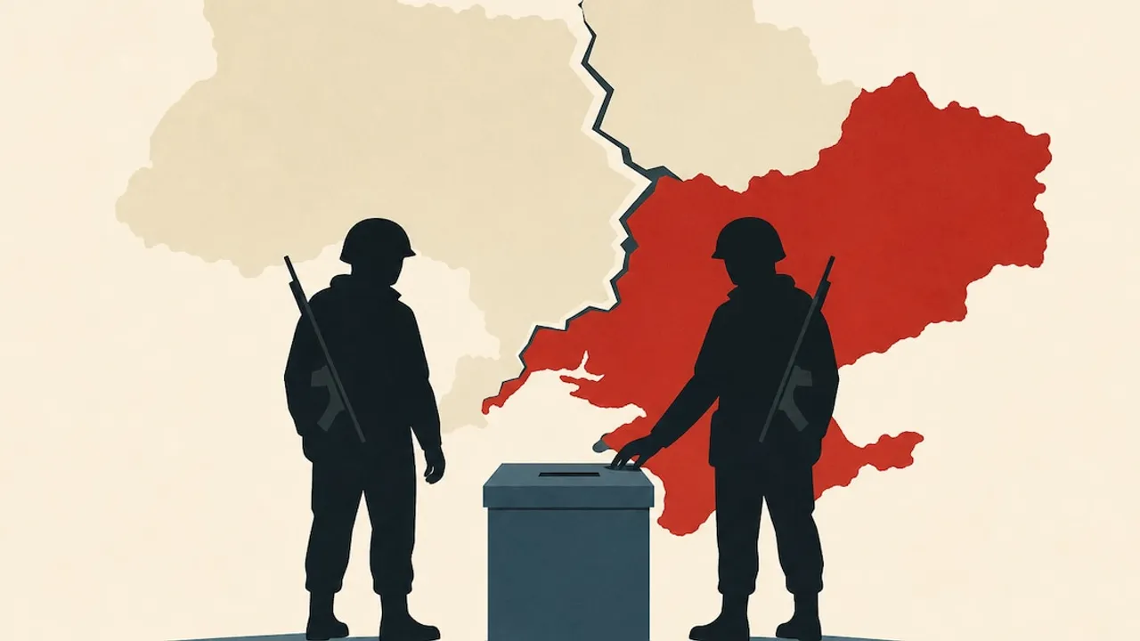 Siluetas de soldados armados frente a una urna electoral con un mapa dividido en el fondo.