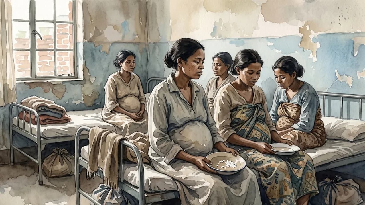 Ilustración de varias mujeres embarazadas sentadas en camas de hospital sosteniendo platos con escasa comida.