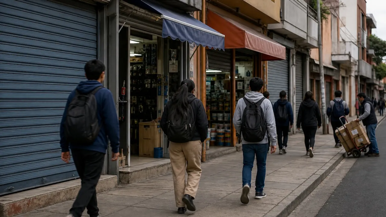 Transeúntes caminan por la vereda frente a locales comerciales cerrados y persianas metálicas bajas.