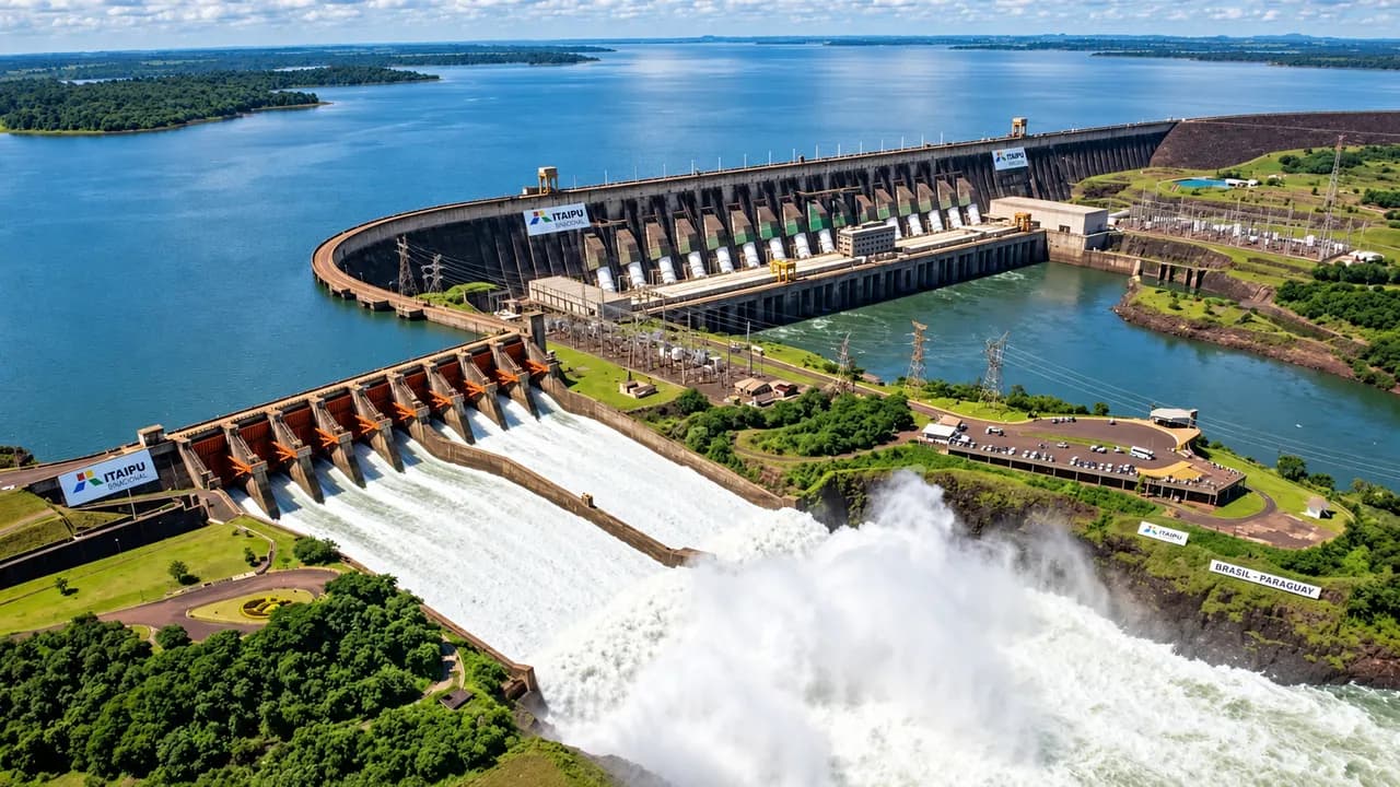 Vista aérea de la represa hidroeléctrica de Itaipú con el vertedero abierto expulsando agua hacia el río.