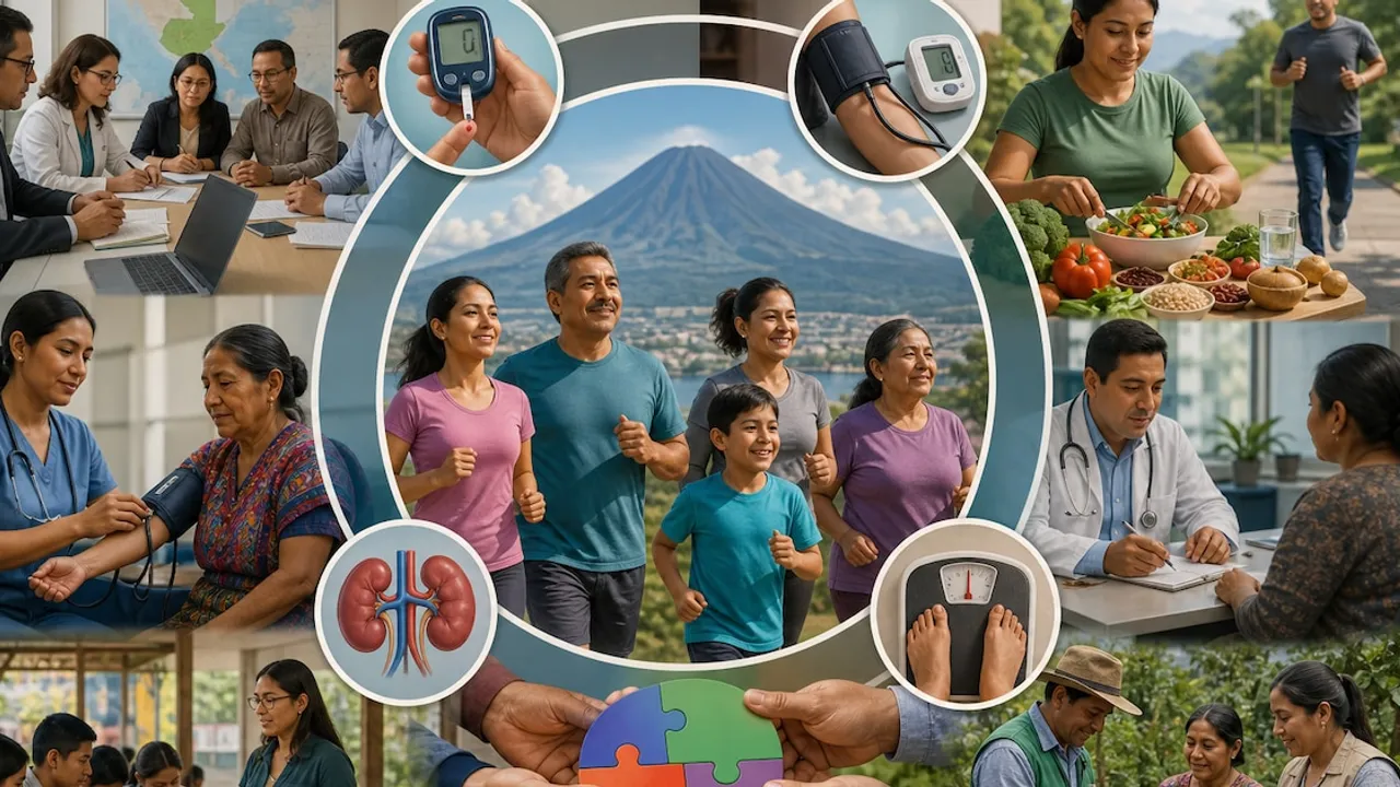 Collage con personas haciendo ejercicio, consultas medicas, controles de presion arterial y medicion de glucosa.