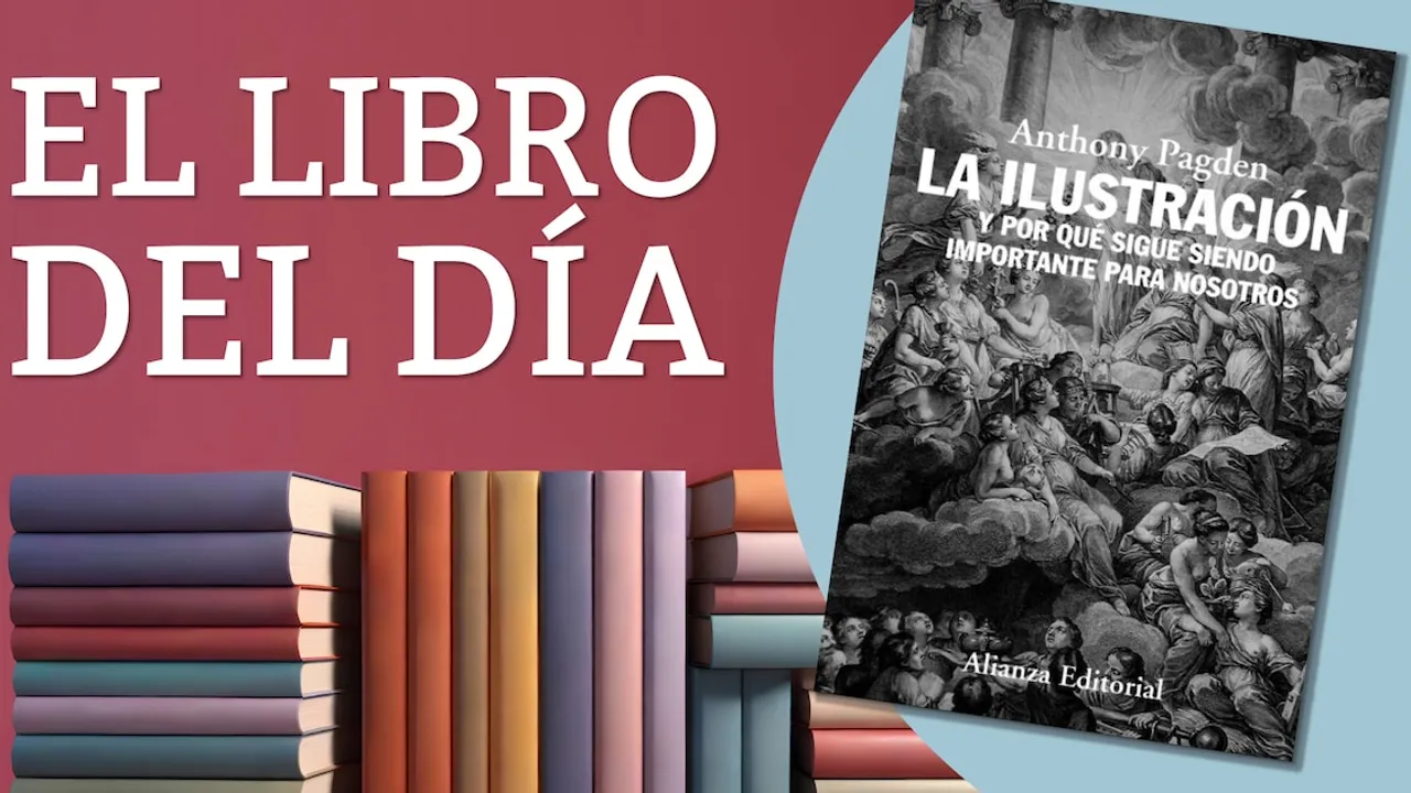 Portada del libro La Ilustración de Anthony Pagden sobre fondo celeste junto a una pila de libros coloridos.