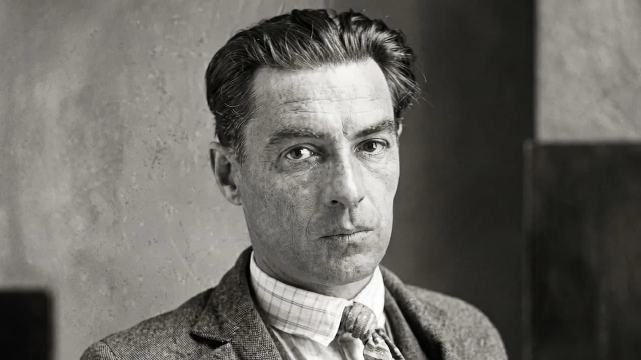 Retrato en blanco y negro del escritor Roberto Arlt con traje gris, camisa a cuadros y corbata estampada.