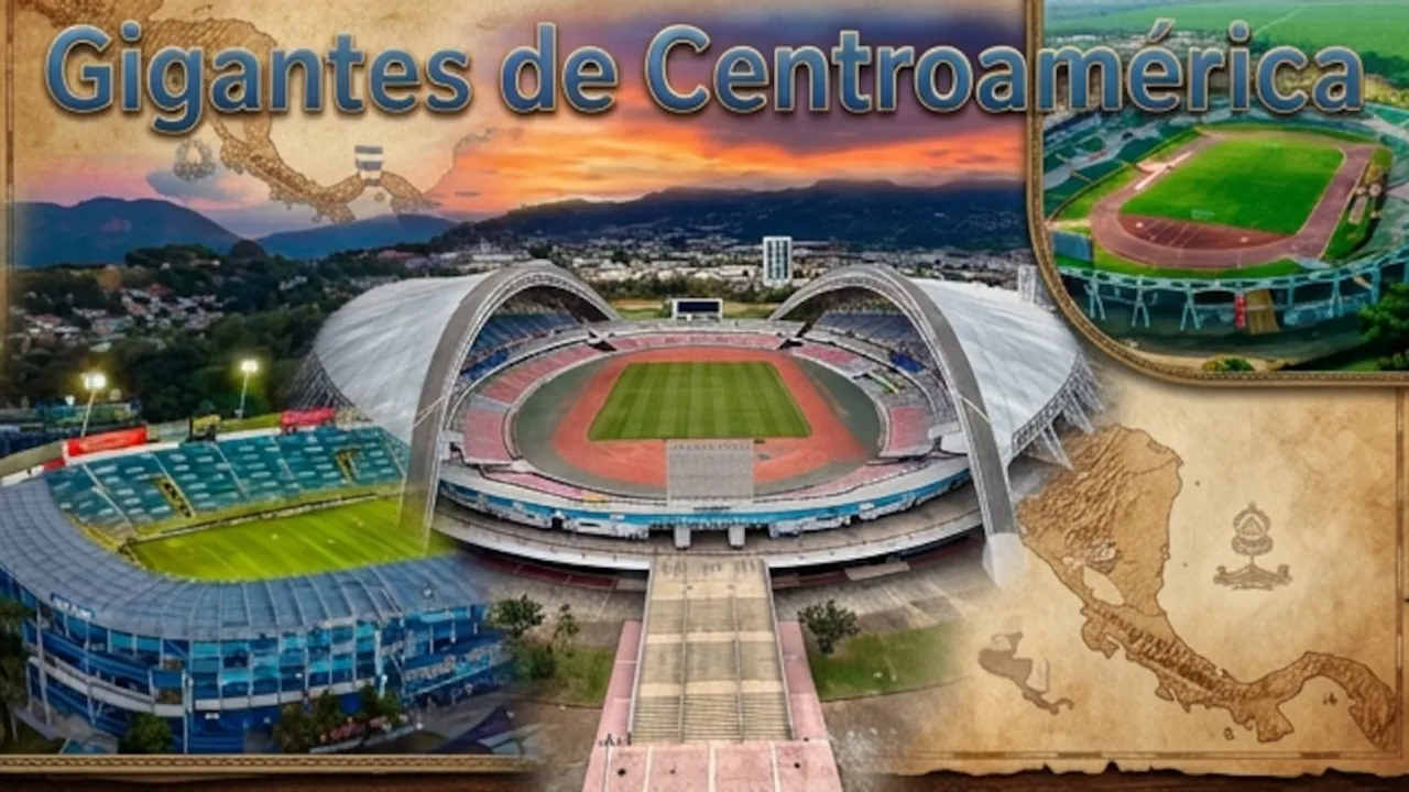 Panorámica de estadios de fútbol modernos rodeados de cerros y vegetación urbana en Centroamérica.