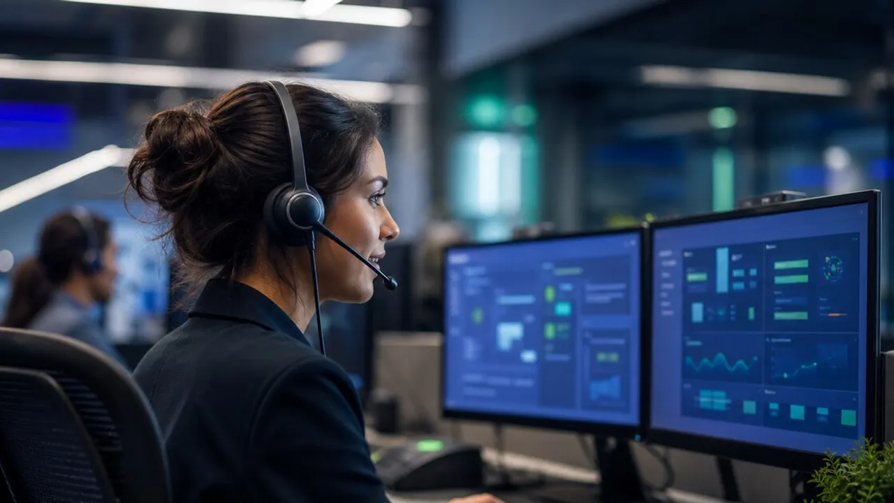 Una mujer con auriculares y micrófono trabaja frente a monitores con gráficos en una oficina moderna.