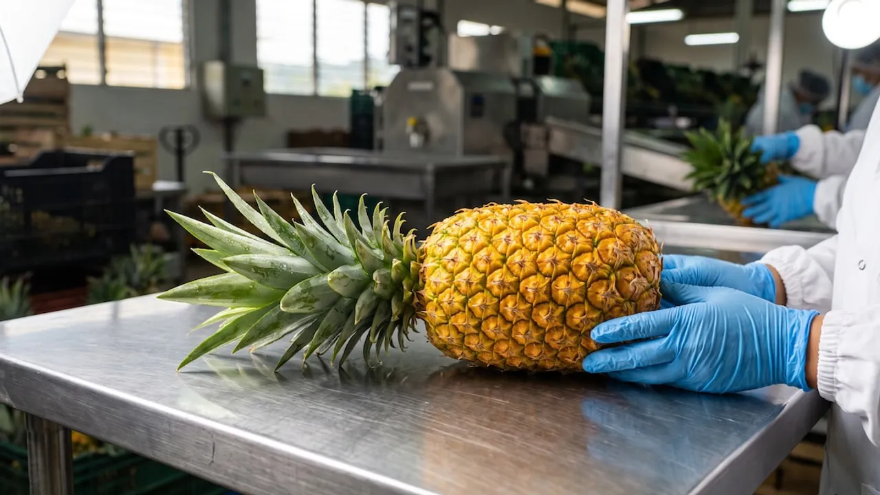 Un operario con guantes celestes inspecciona una piña fresca sobre una mesa de metal en una planta de empaque.