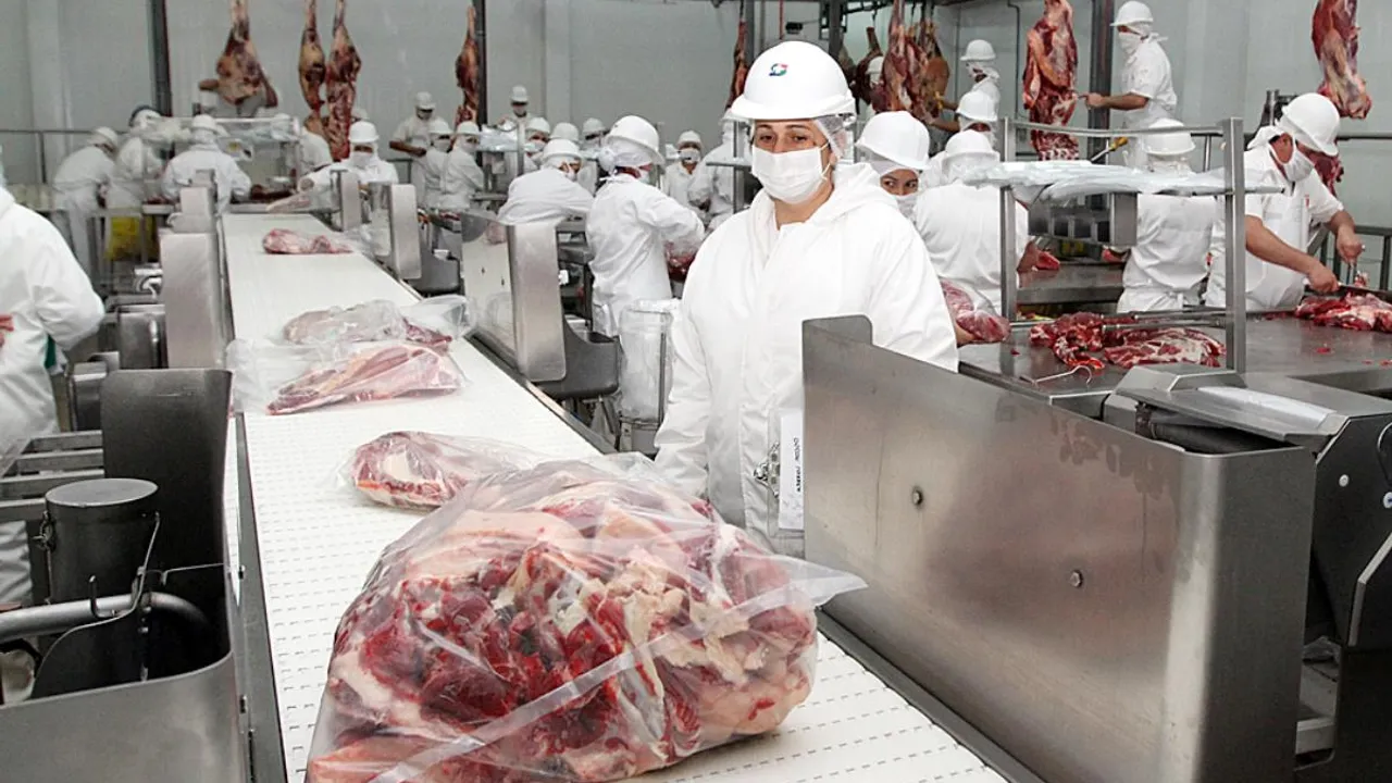 Operarios con trajes sanitarios blancos y tapabocas procesan cortes de carne vacuna en una cinta de frigorífico.