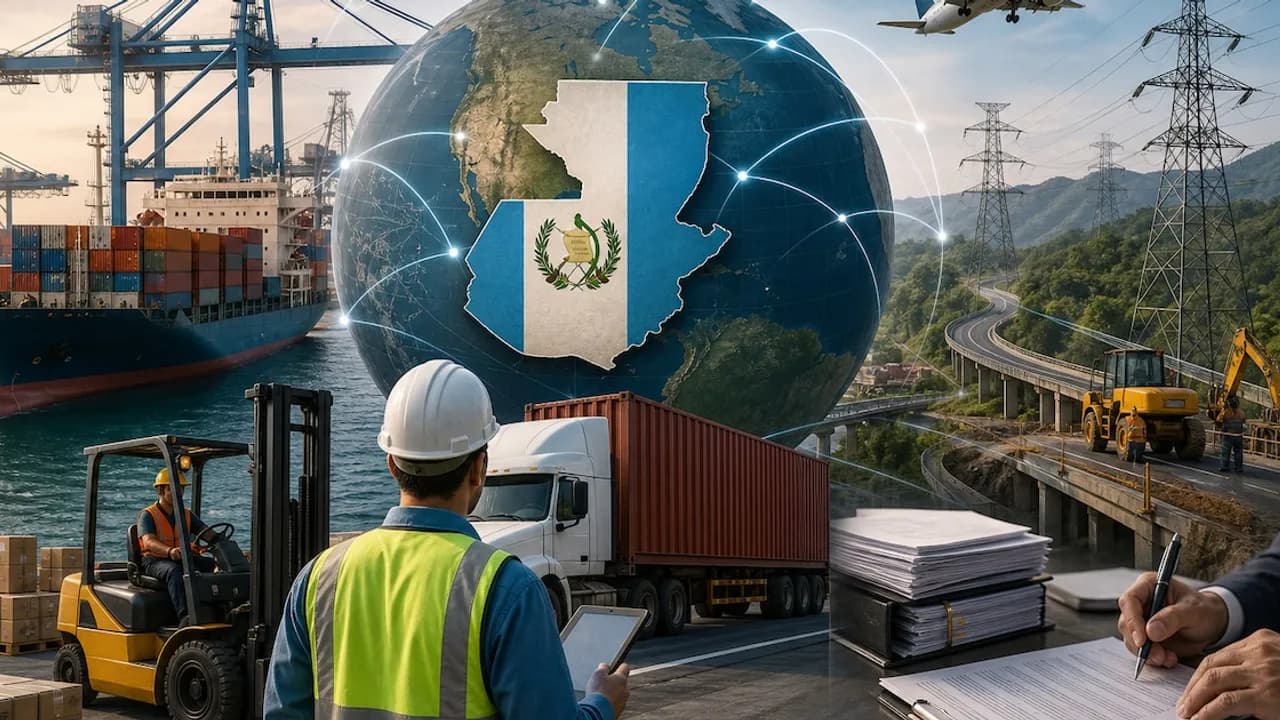 Globo terráqueo con el mapa de Guatemala rodeado de grúas portuarias, un camión de carga, rutas y documentos.