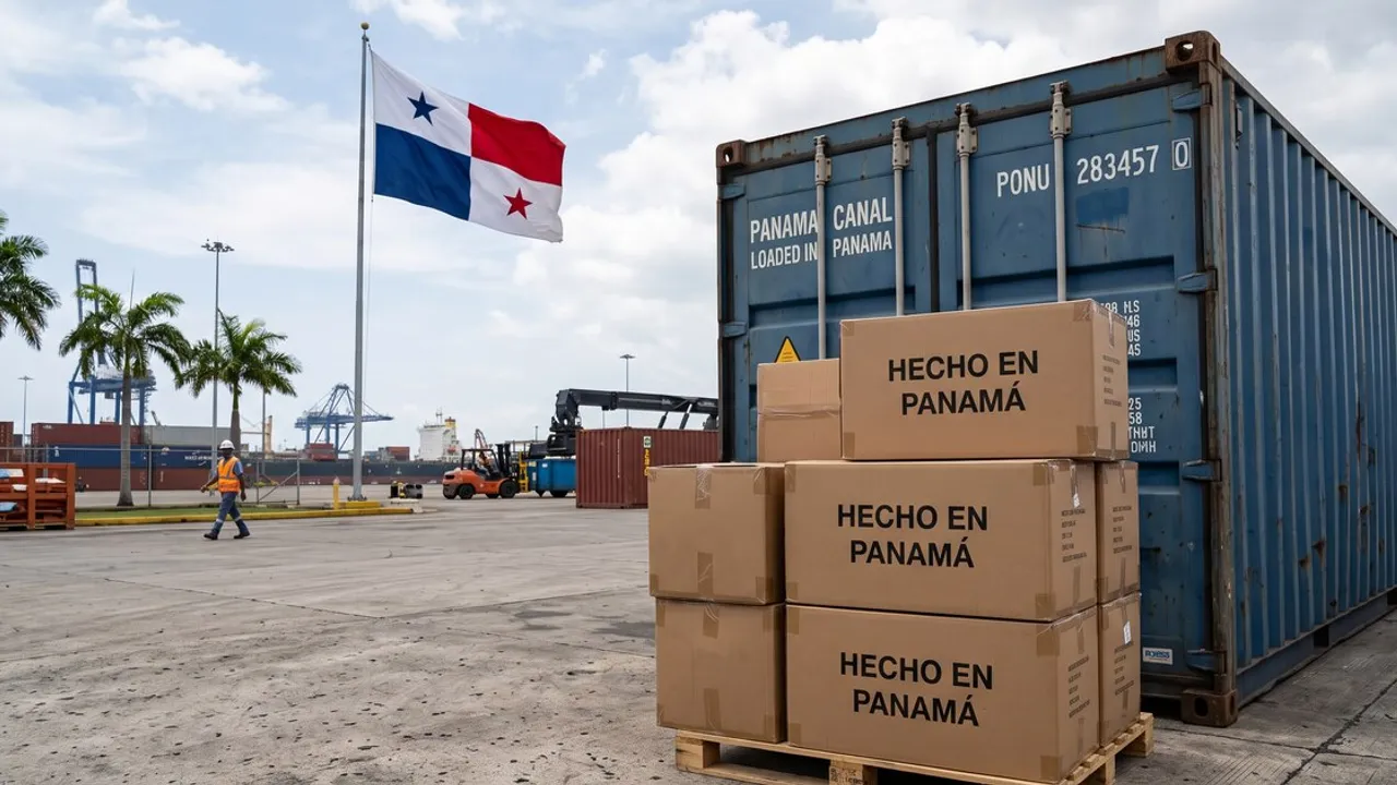 Cajas de cartón con el sello Hecho en Panamá apiladas frente a un contenedor azul en un puerto comercial.