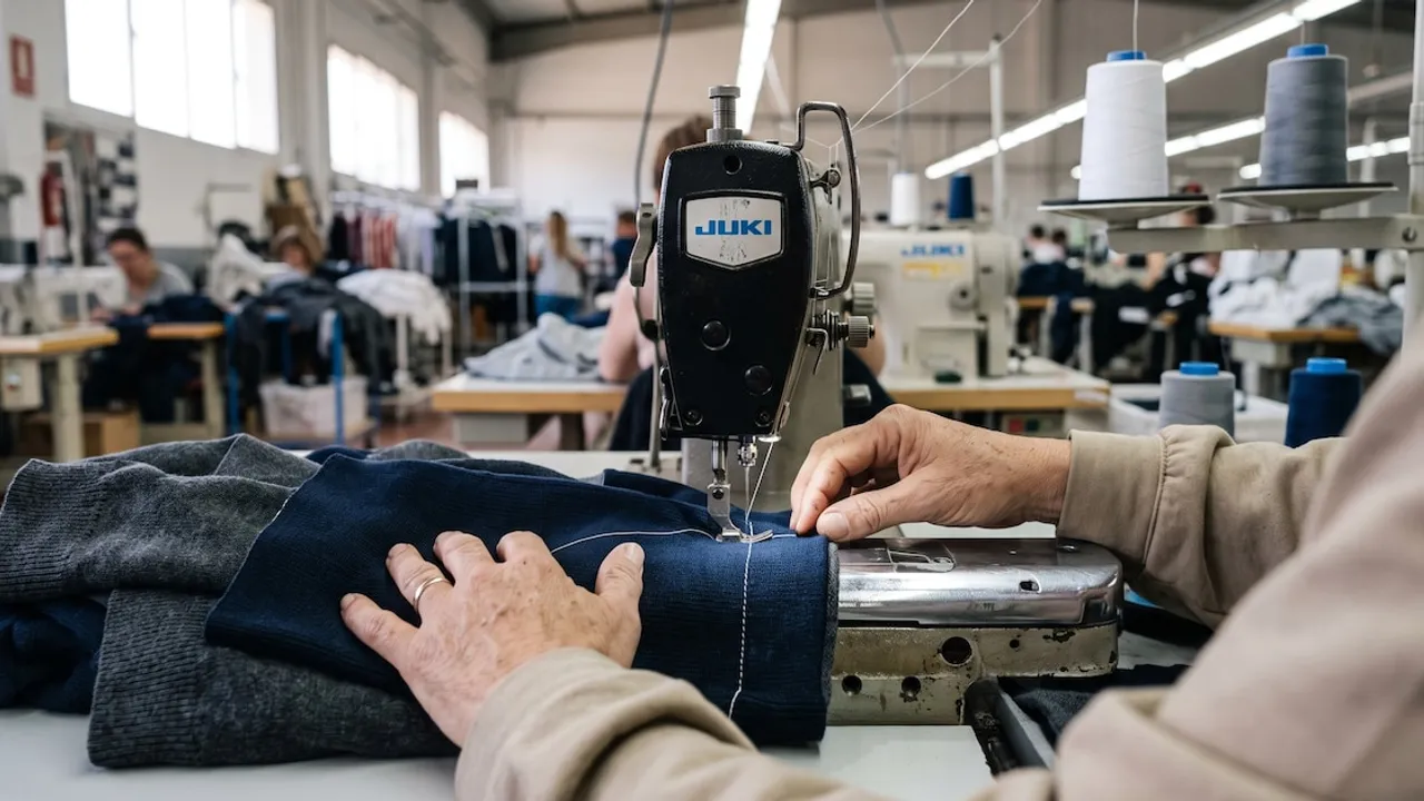 Manos de una persona utilizando una máquina de coser industrial para confeccionar una prenda de tela oscura