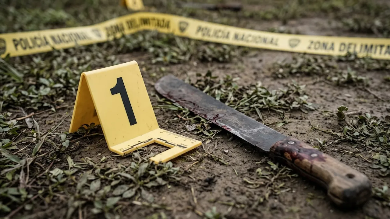 Marcador de evidencia numerado junto a un machete en el suelo acordonado con cinta policial.