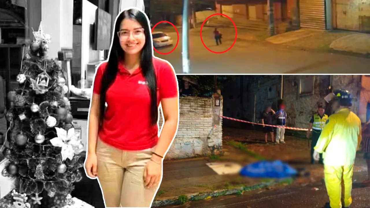 Retrato de joven con remera roja junto a capturas nocturnas de un operativo policial con cinta perimetral