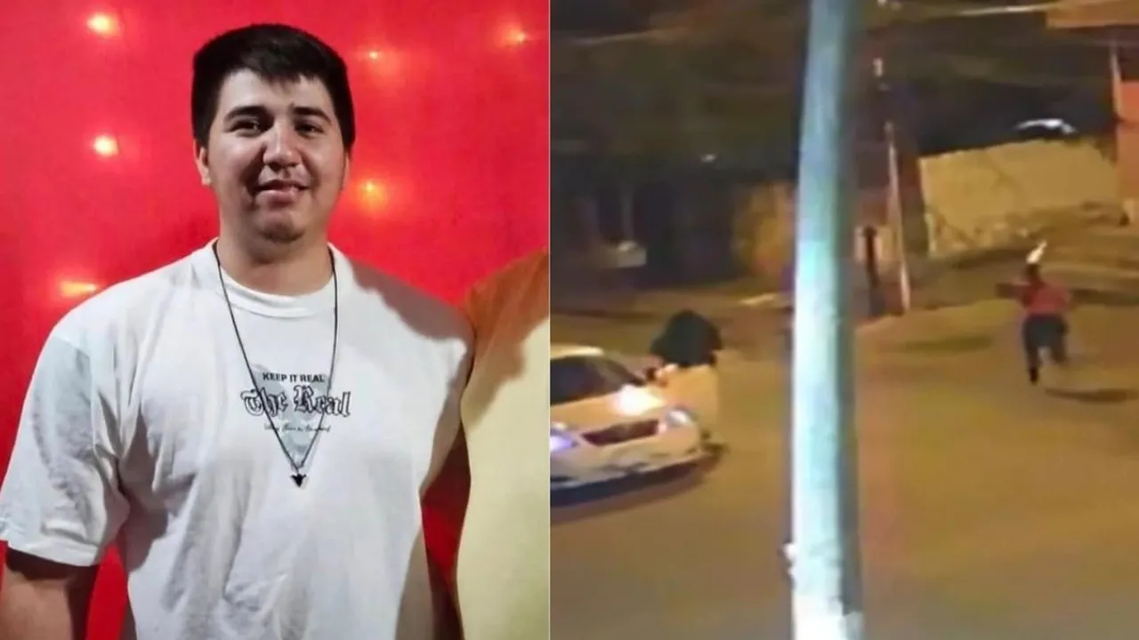 Composición que muestra al prófugo y una captura nocturna de una calle con un vehículo y una persona corriendo