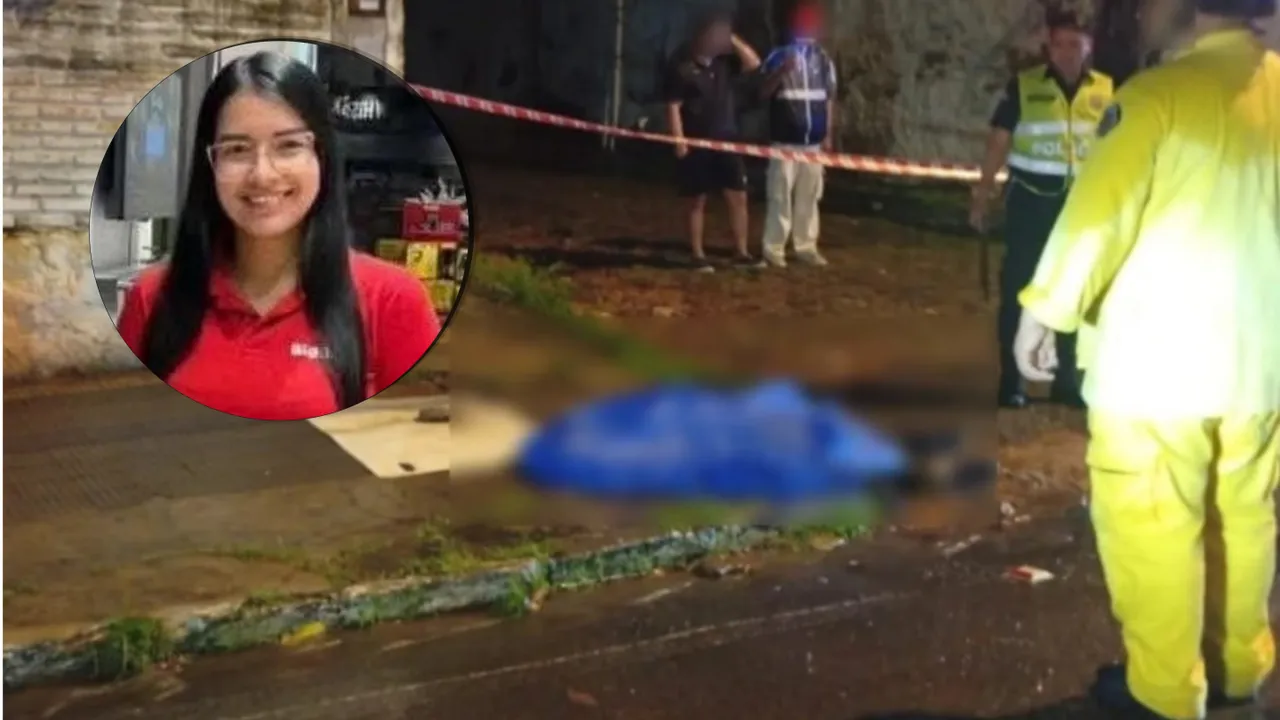 Retrato de una joven con anteojos junto a una calle acordonada de noche con policías y un cuerpo tapado.