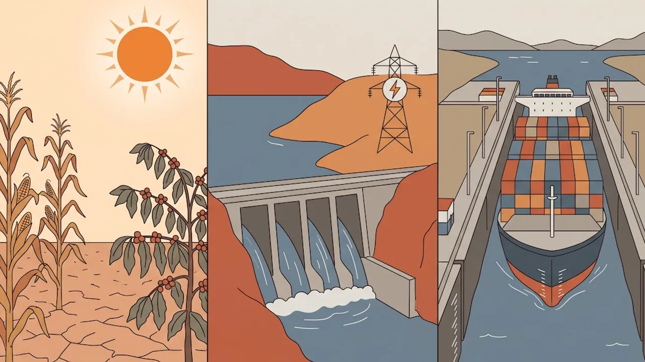 Ilustración dividida en tres partes con cultivos secos bajo el sol, una represa hidroeléctrica y un barco en el canal.