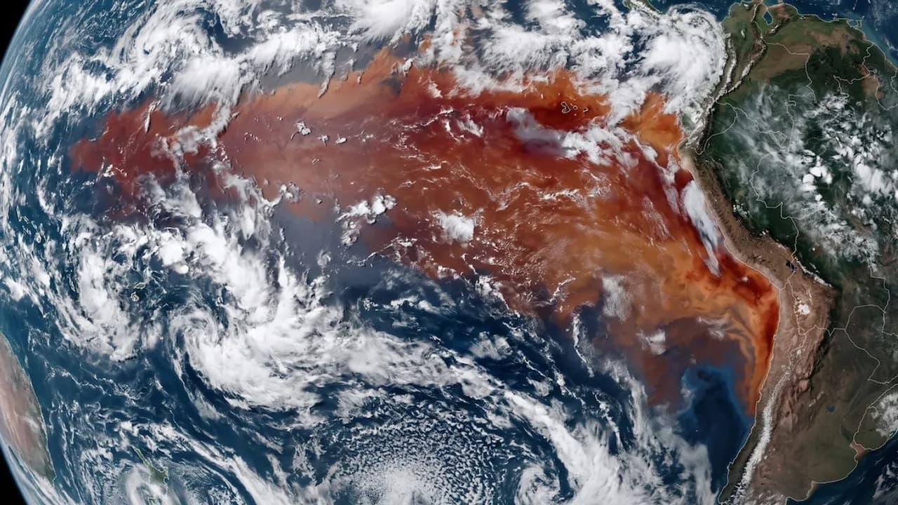 Vista satelital del planeta Tierra donde se observa una mancha roja de temperatura cálida en el océano Pacífico.