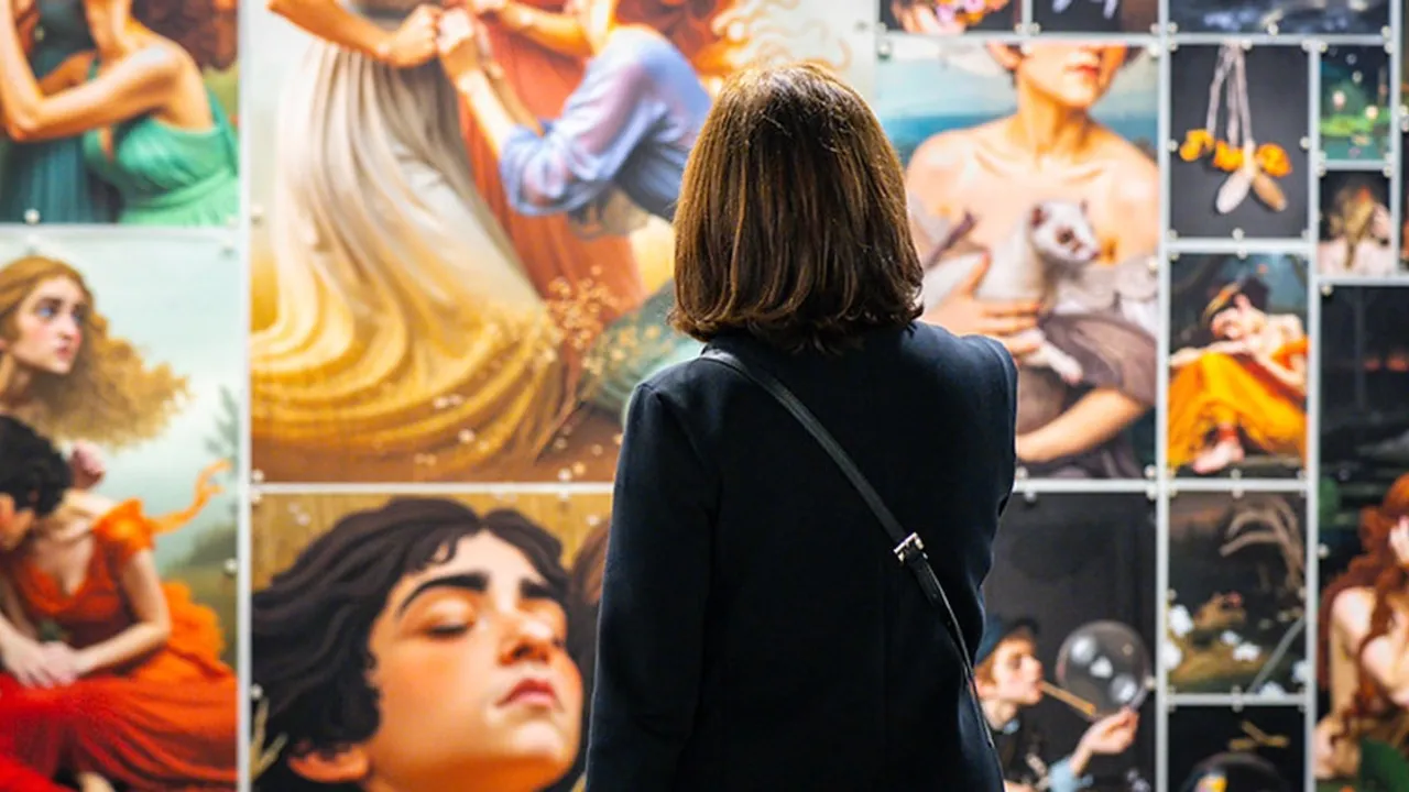 Mujer de espaldas observando una pared repleta de pinturas artísticas en una galería de arte.