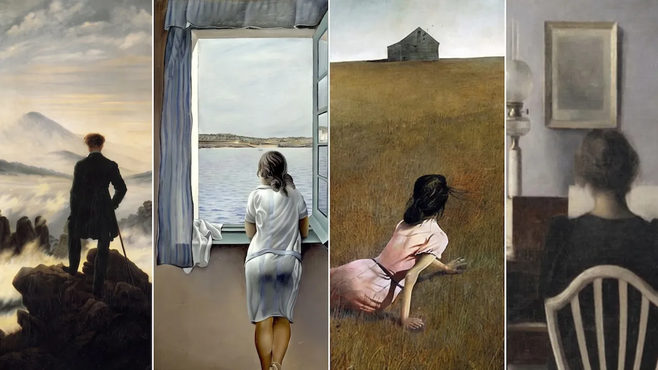 Cuatro pinturas clásicas que retratan a personas solitarias de espaldas contemplando diferentes paisajes e interiores.