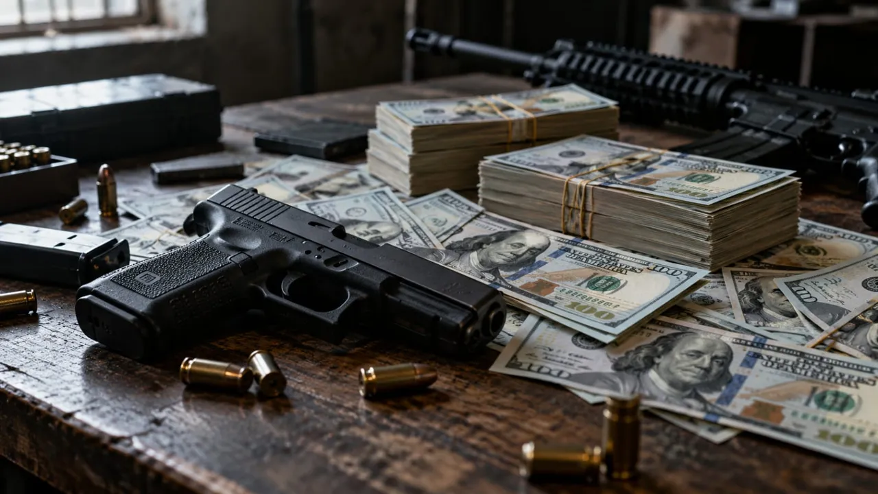 Pistola negra, municiones y fajos de dólares estadounidenses junto a un rifle sobre una mesa de madera oscura.