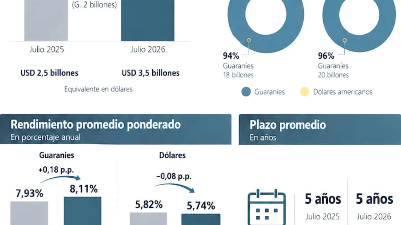 Gráfico estadístico que compara el rendimiento y plazo promedio de inversiones en guaraníes y dólares entre 2025 y 2026.