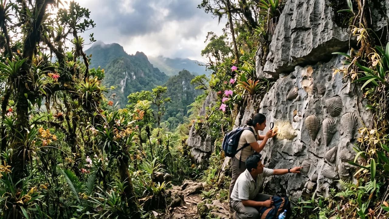 Dos personas inspeccionan con lupa restos fósiles en una pared de roca caliza rodeada de vegetación de montaña.