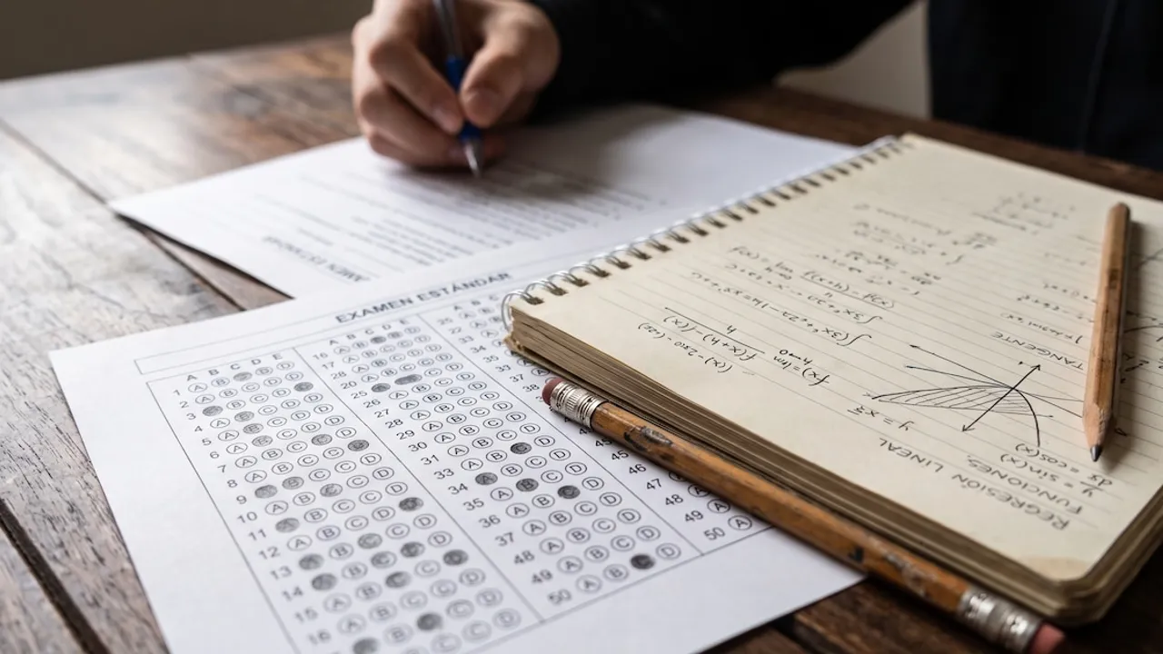 Hoja de respuestas de examen con casilleros circulares junto a un cuaderno con cálculos y un lápiz sobre una mesa de madera.