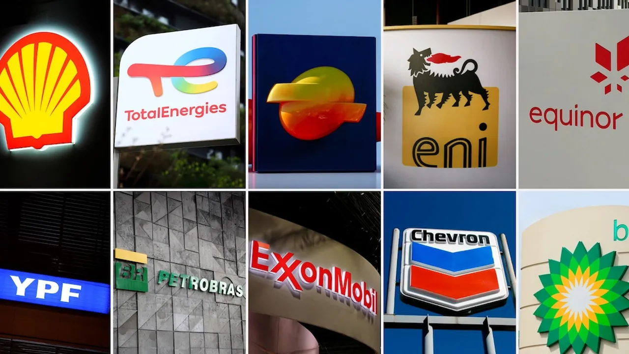 Mosaico con logotipos de empresas petroleras internacionales sobre carteles y fachadas de edificios corporativos.