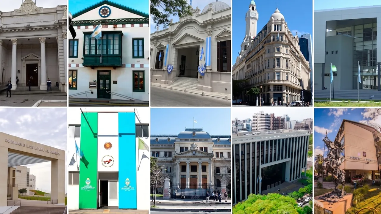 Collage fotográfico que muestra diversas fachadas y accesos de edificios legislativos provinciales de Argentina.