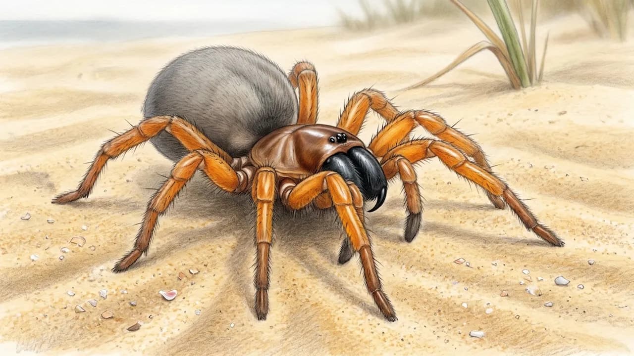 Ilustración detallada de una araña con patas anaranjadas y quelíceros negros posada sobre la arena de una duna costera.