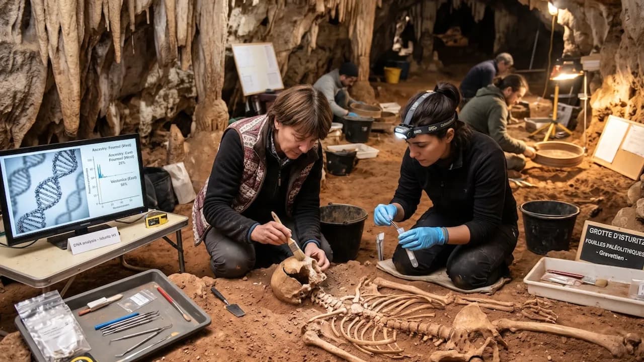 Arqueólogos excavando un esqueleto humano en una cueva con una pantalla que muestra análisis genéticos.
