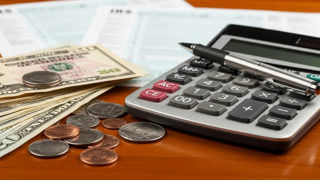 Calculadora con bolígrafo encima junto a billetes de dólares y monedas sobre una mesa de madera.