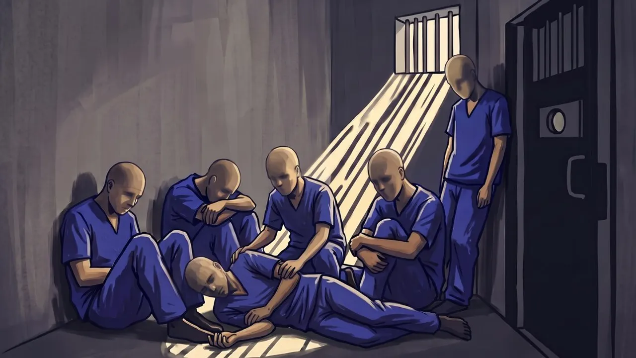 Ilustración de varios reclusos vestidos con uniformes azules sentados en el piso de una celda oscura.
