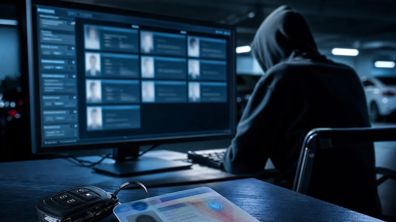 Persona con capucha frente a una pantalla con registros digitales, junto a una tarjeta de conducir y llaves.