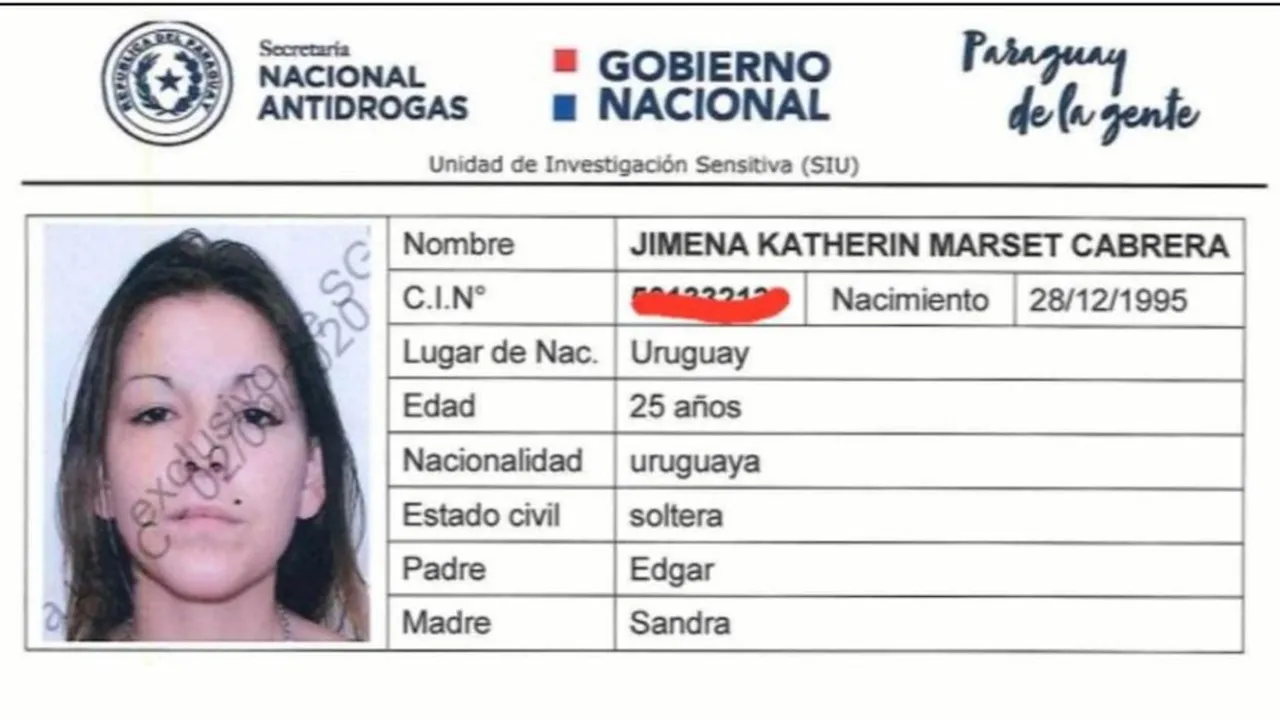 Ficha oficial de la Secretaría Nacional Antidrogas con datos personales y fotografía de Jimena Katherin Marset Cabrera.