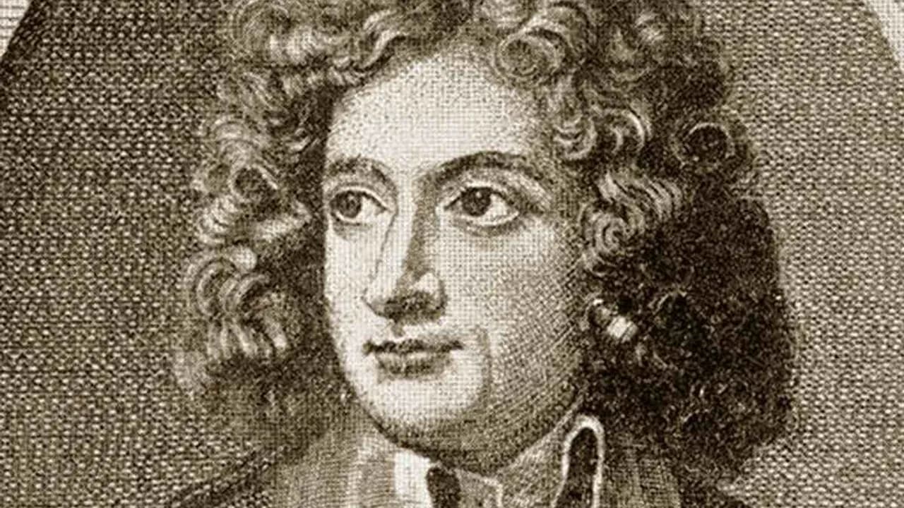 Retrato en grabado antiguo en blanco y negro del rostro de un hombre con peluca barroca rizada de época colonial.