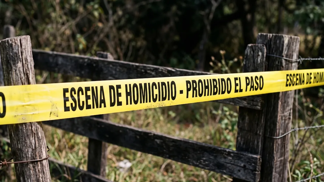 Cinta de seguridad amarilla con la leyenda escena de homicidio atada a una cerca de madera en una zona rural.