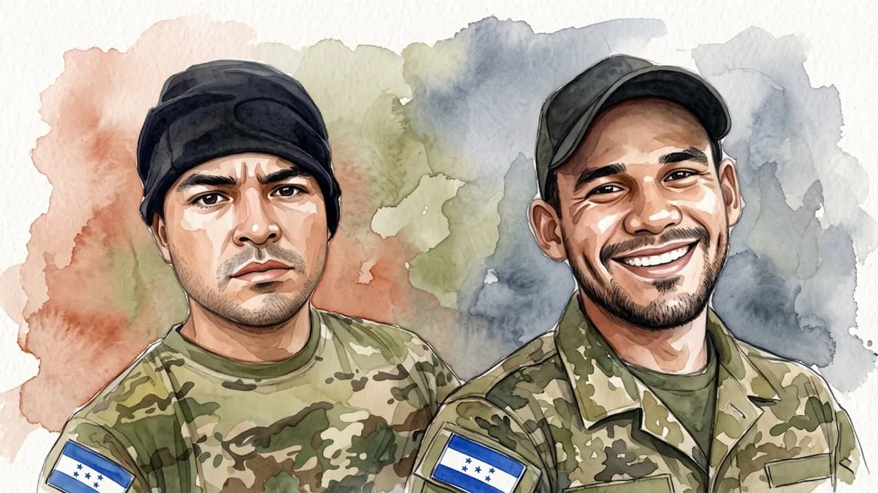 Dos hombres con uniformes militares de camuflaje y parches de la bandera hondureña en una ilustración en acuarela.