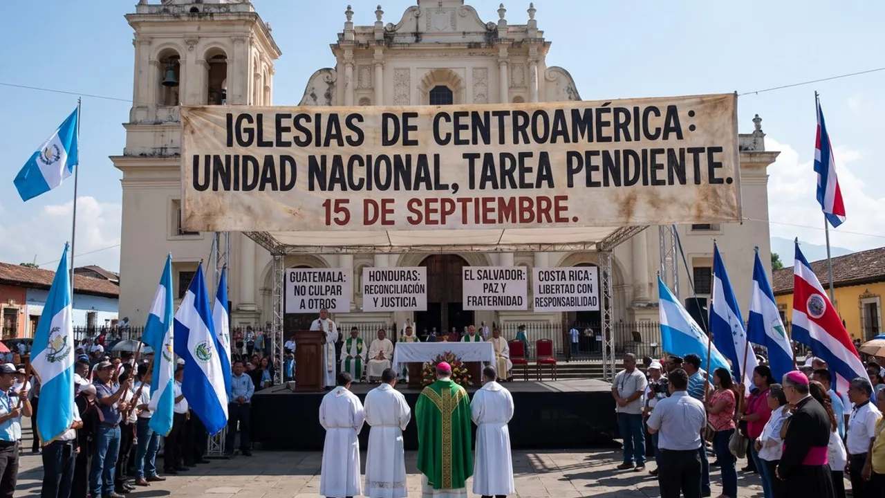 Sacerdotes celebran misa al aire libre bajo un cartel que pide unidad centroamericana frente a un templo.