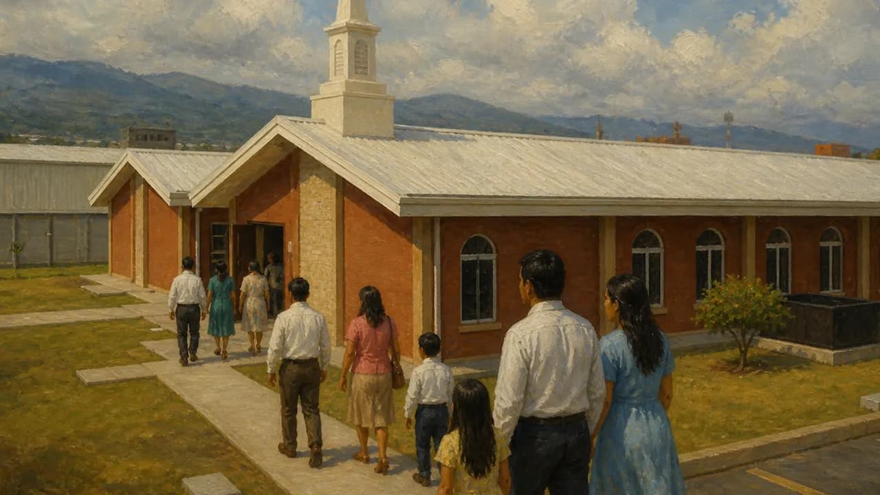 Pintura de personas caminando por un sendero hacia una capilla de ladrillos con torre blanca bajo montañas.