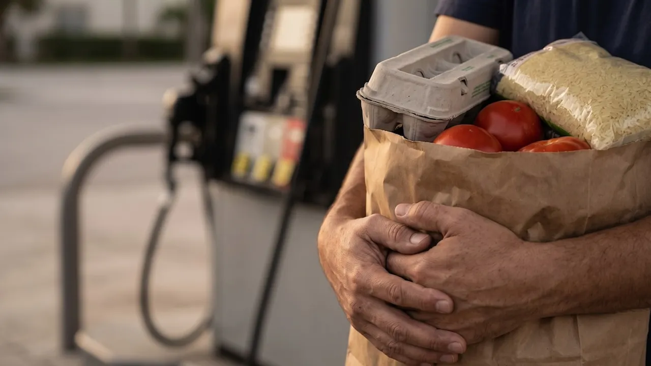 Persona sostiene una bolsa de papel con alimentos frente al surtidor de una estación de servicio