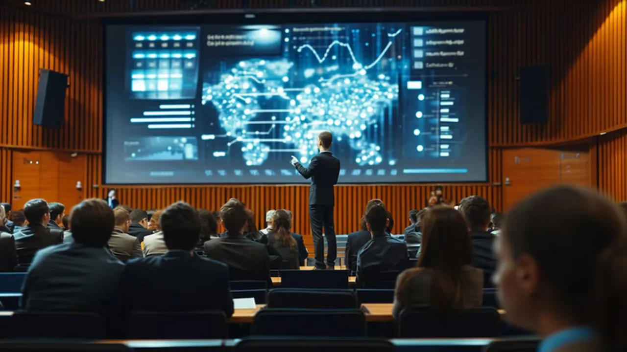 Un expositor parado frente a una pantalla gigante con mapas de datos digitales ante un público en un auditorio.