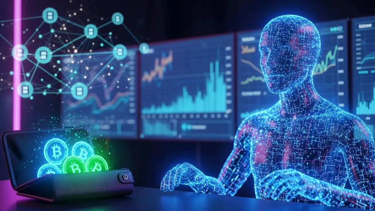 Figura humanoide digital iluminada sentada frente a pantallas con gráficos bursátiles y una billetera de criptomonedas.