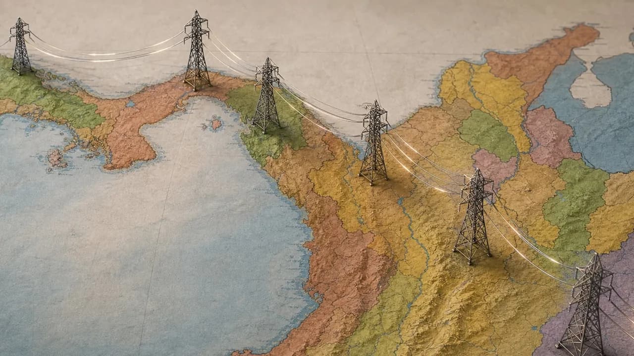 Maqueta con torres de alta tensión sobre un mapa que une los territorios de Panamá y Colombia en el Caribe.