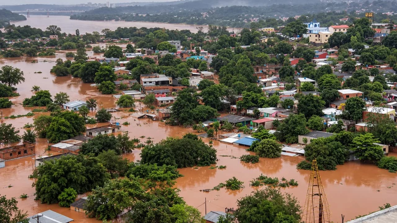 Vista aérea de un barrio ribereño completamente anegado por aguas marrones que cubren calles y casas entre árboles.