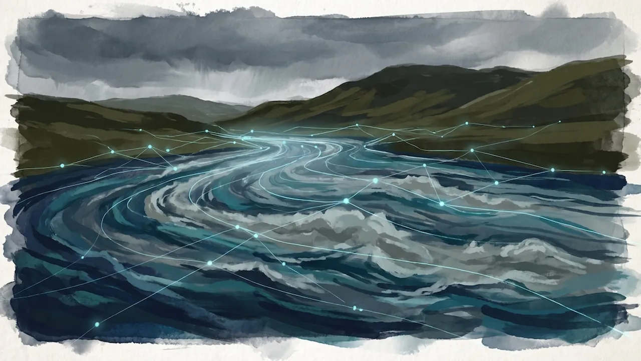 Ilustración de un río con aguas torrentosas y líneas luminosas interconectadas que simulan una red de datos informáticos.