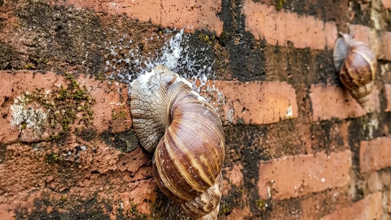 Dos caracoles de gran tamaño se desplazan sobre una pared de ladrillos rojos al aire libre