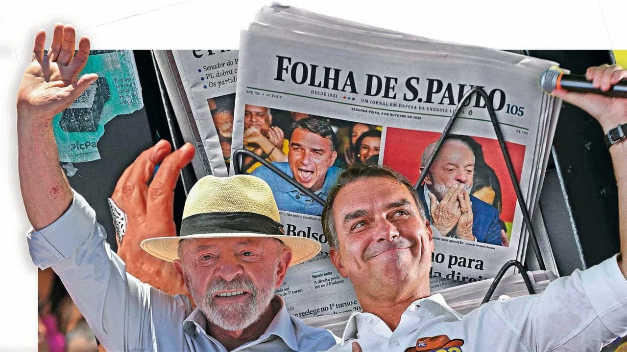 Ejemplares del periódico Folha de S. Paulo con fotografías de figuras políticas y personas en un acto público.